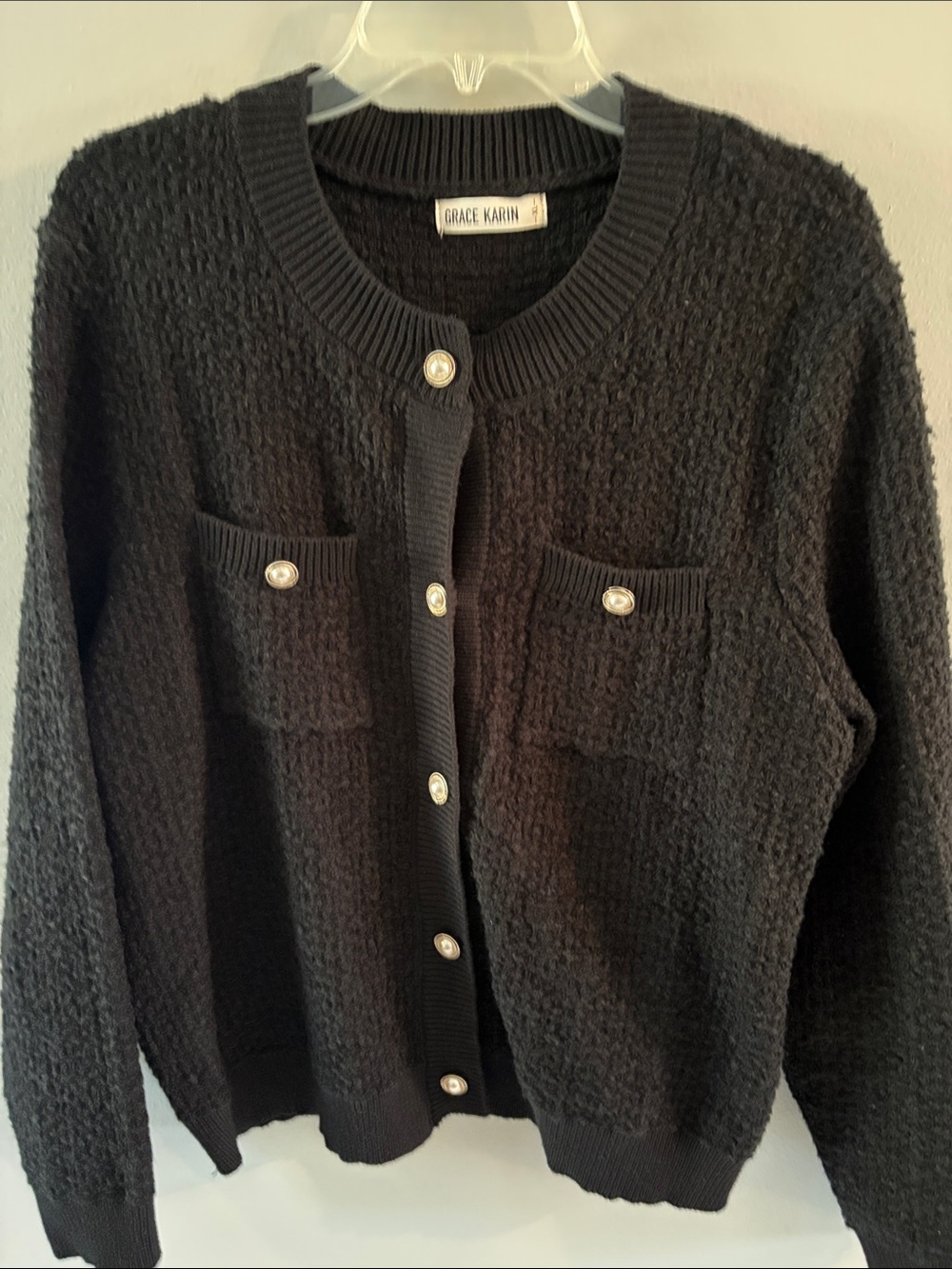 Grace Karin Black Textured Cardigan with Pearl Buttons XL